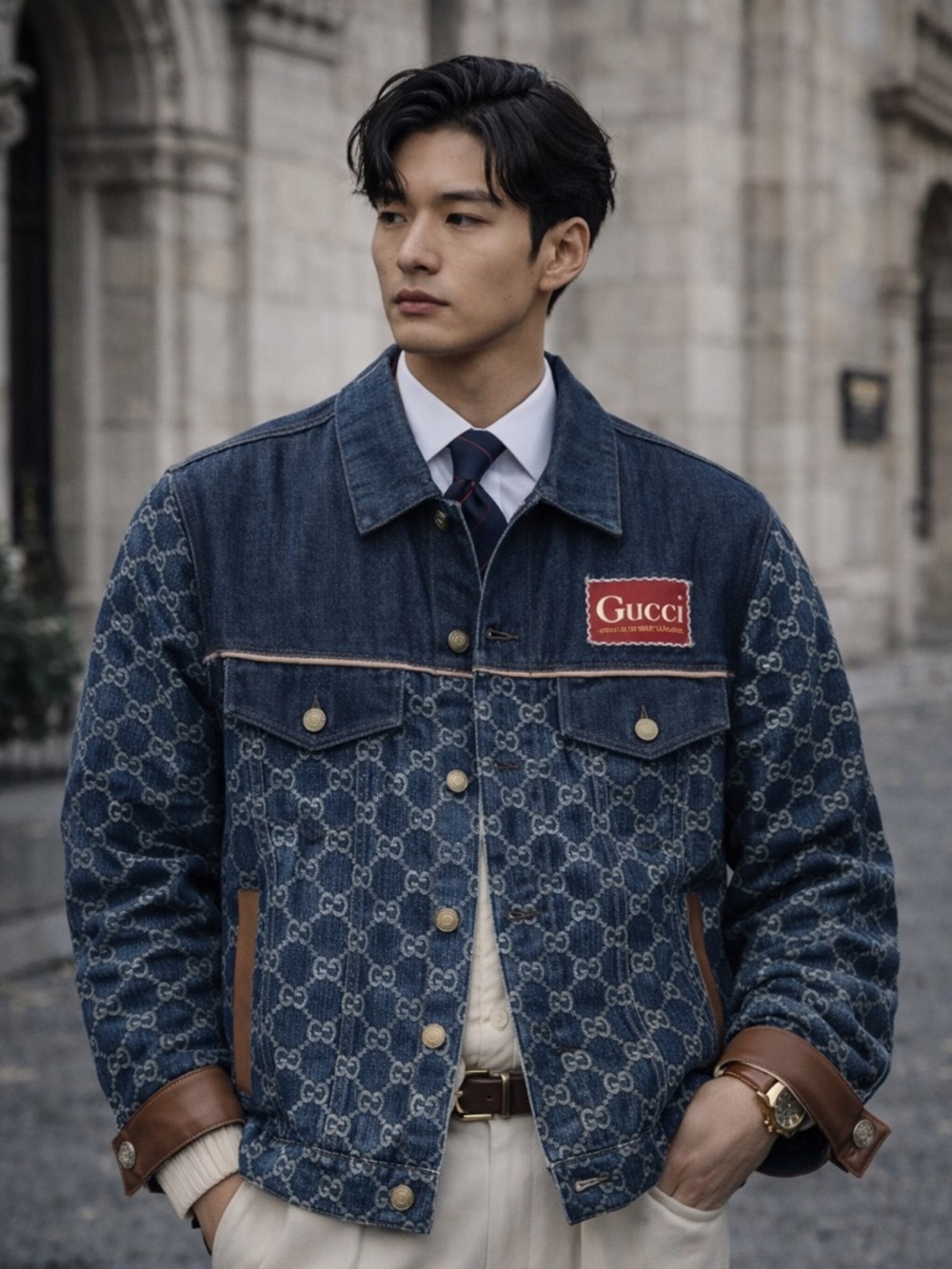 Gucci GG Jacquard Denim Jacket Leather Trim Indigo Blue IT48 Runs Large